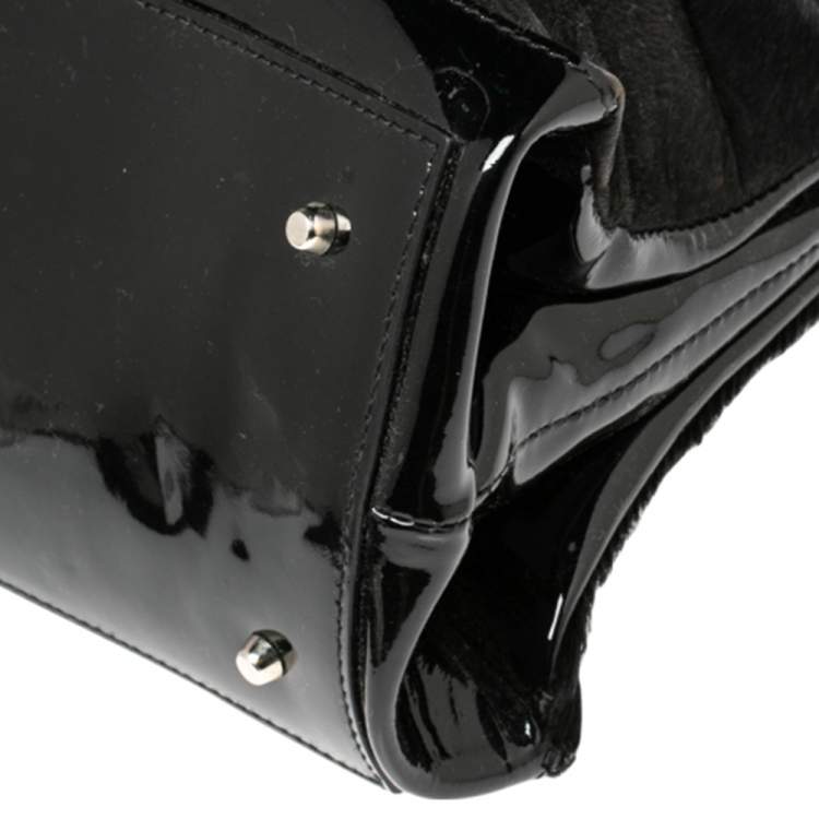 Pre Owned Furla Black Calfhair and Patent Leather 80th Anniversary Frame Satchel