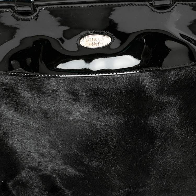 Pre Owned Furla Black Calfhair and Patent Leather 80th Anniversary Frame Satchel