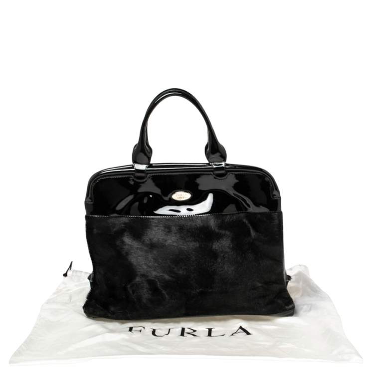 Pre Owned Furla Black Calfhair and Patent Leather 80th Anniversary Frame Satchel