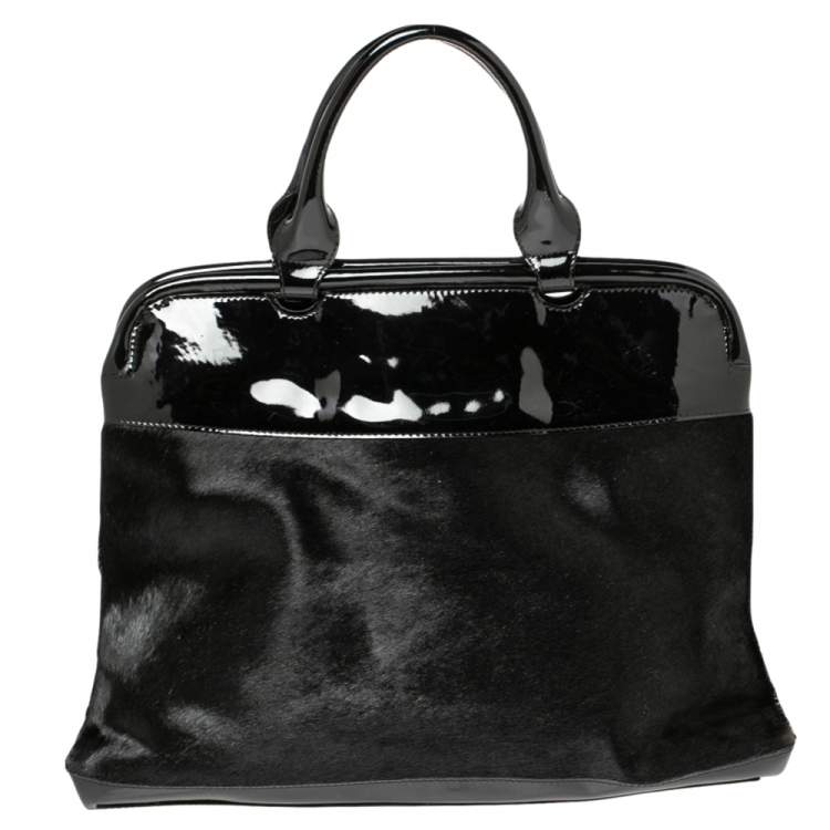 Pre Owned Furla Black Calfhair and Patent Leather 80th Anniversary Frame Satchel