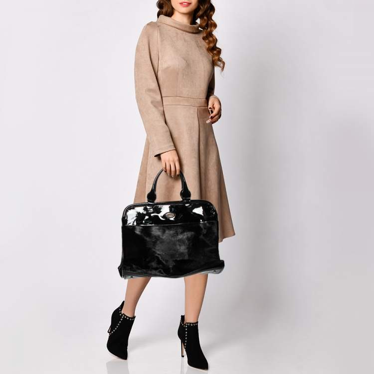 Pre Owned Furla Black Calfhair and Patent Leather 80th Anniversary Frame Satchel