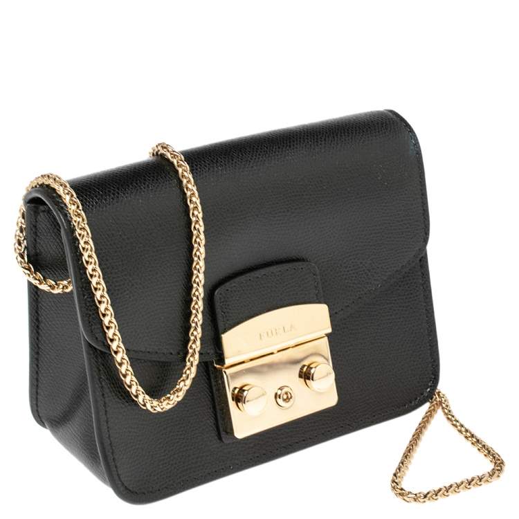 Pre Owned Furla Black Leather Mini Metropolis Chain Crossbody Bag
