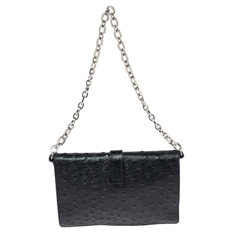 مملوكة مسبقًا Furla Black Ostrich Embossed Leather and Suede Chain Clutch