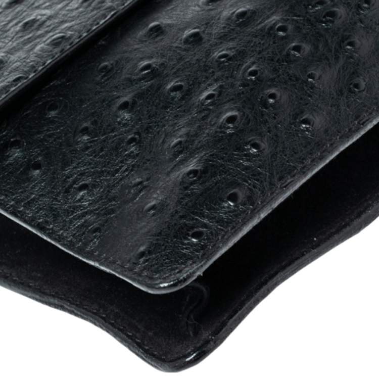 مملوكة مسبقًا Furla Black Ostrich Embossed Leather and Suede Chain Clutch