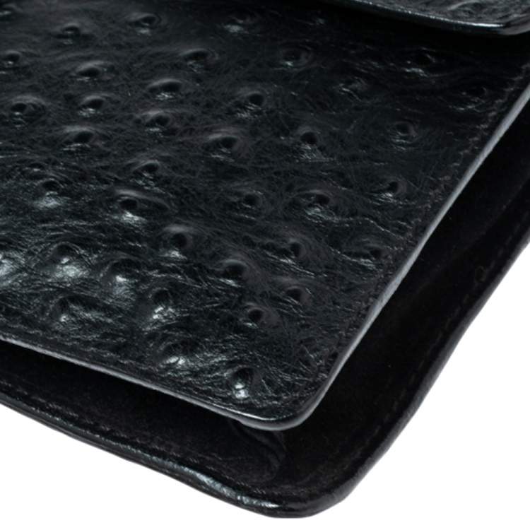 مملوكة مسبقًا Furla Black Ostrich Embossed Leather and Suede Chain Clutch