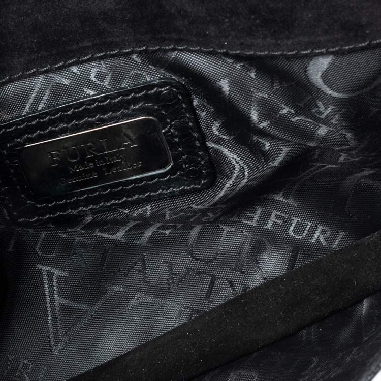 مملوكة مسبقًا Furla Black Ostrich Embossed Leather and Suede Chain Clutch