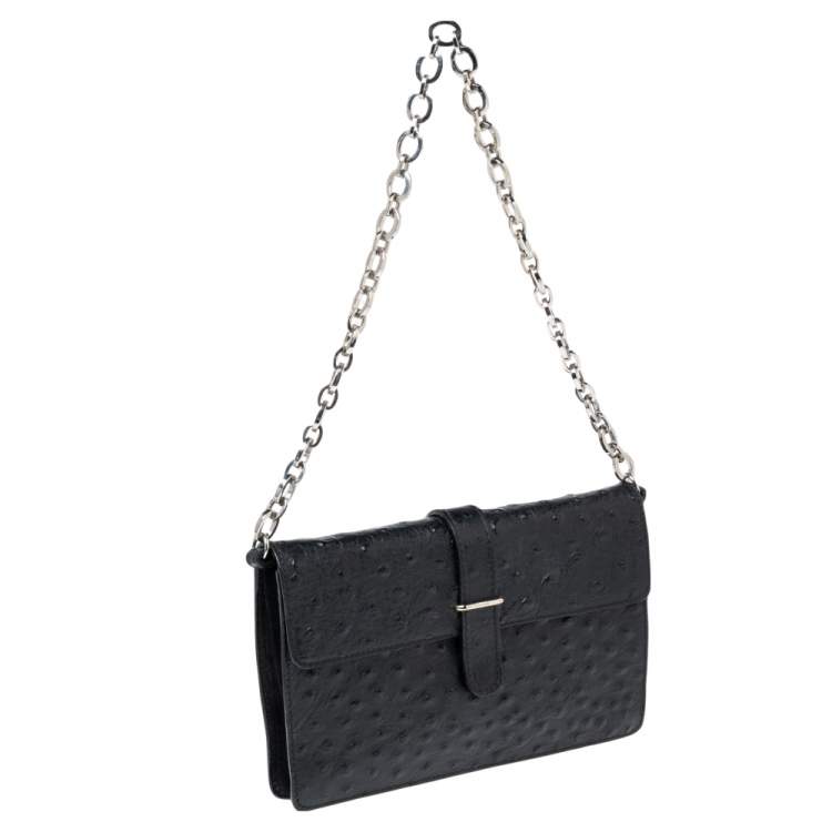مملوكة مسبقًا Furla Black Ostrich Embossed Leather and Suede Chain Clutch
