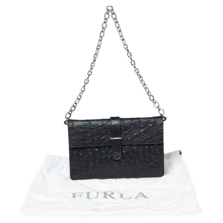 مملوكة مسبقًا Furla Black Ostrich Embossed Leather and Suede Chain Clutch