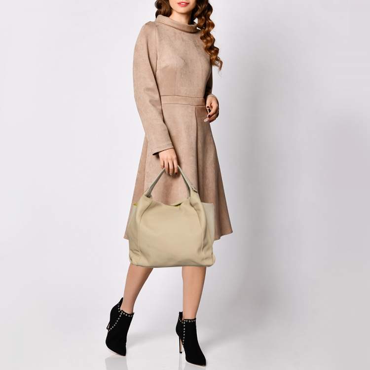 Pre Owned Furla Beige/Light Grey Perforated Leather Hobo