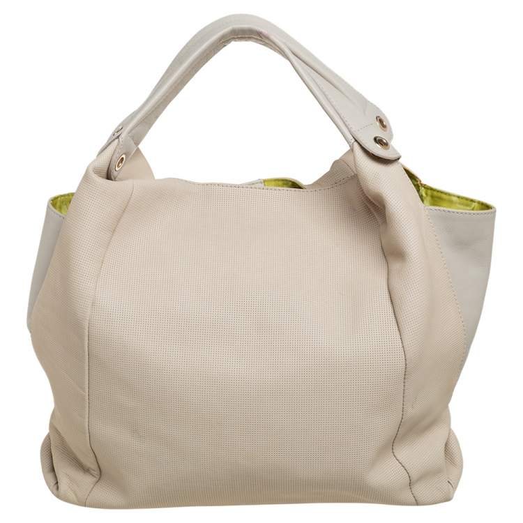 Pre Owned Furla Beige/Light Grey Perforated Leather Hobo
