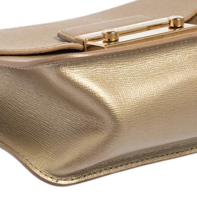 Pre Owned Furla Gold Leather Mini Metropolis Chain Crossbody Bag