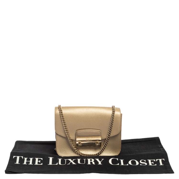 Pre Owned Furla Gold Leather Mini Metropolis Chain Crossbody Bag