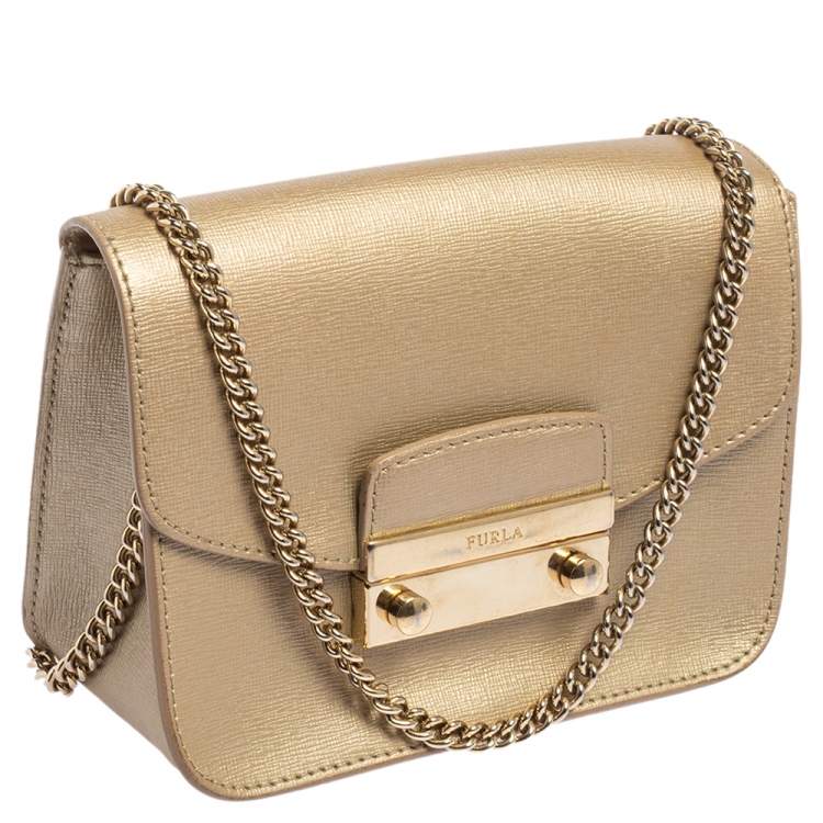 Pre Owned Furla Gold Leather Mini Metropolis Chain Crossbody Bag