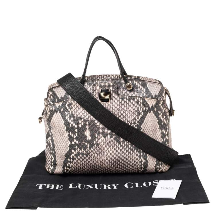Pre Owned Furla Black/White Python Embossed Leather Piper Satchel
