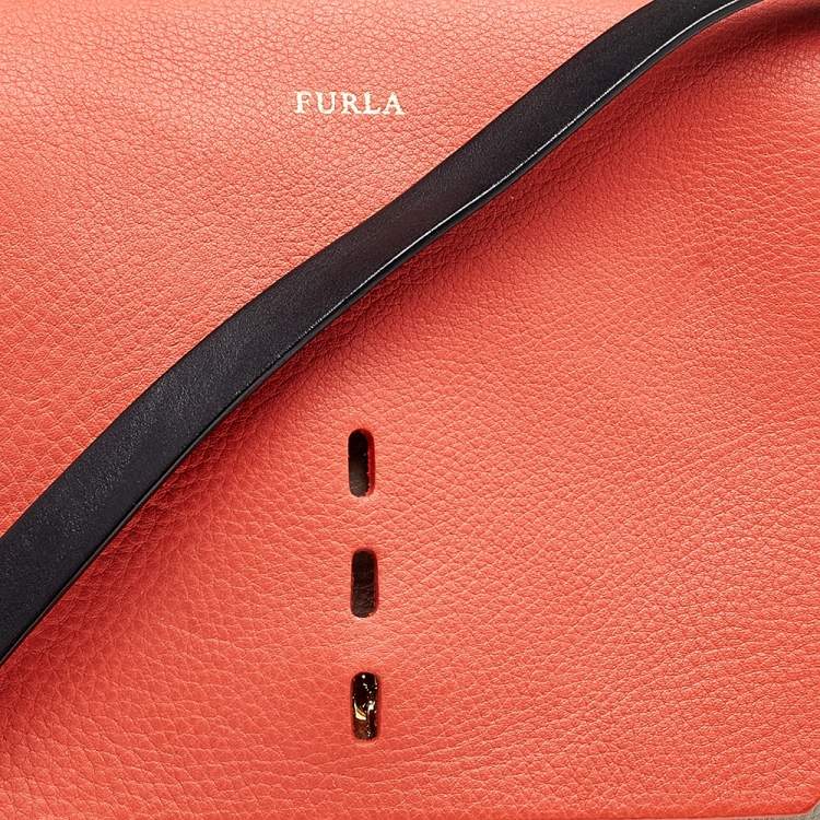 Pre Owned Furla Orange/Grey Leather And Suede Flap Shoulder Bag