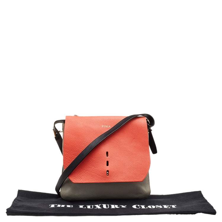 Pre Owned Furla Orange/Grey Leather And Suede Flap Shoulder Bag