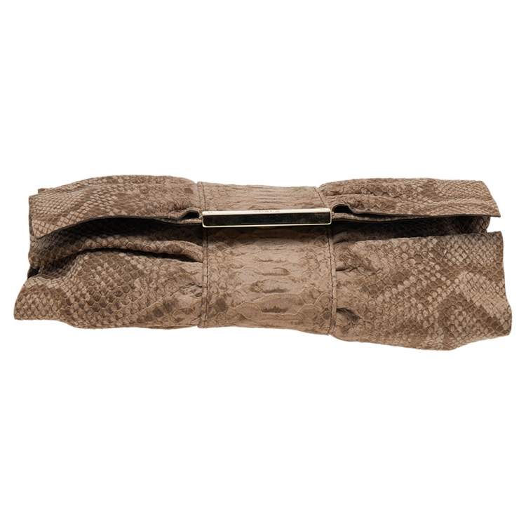 Pre Owned Furla Beige Python Embossed Leather Bow Flap Clutch