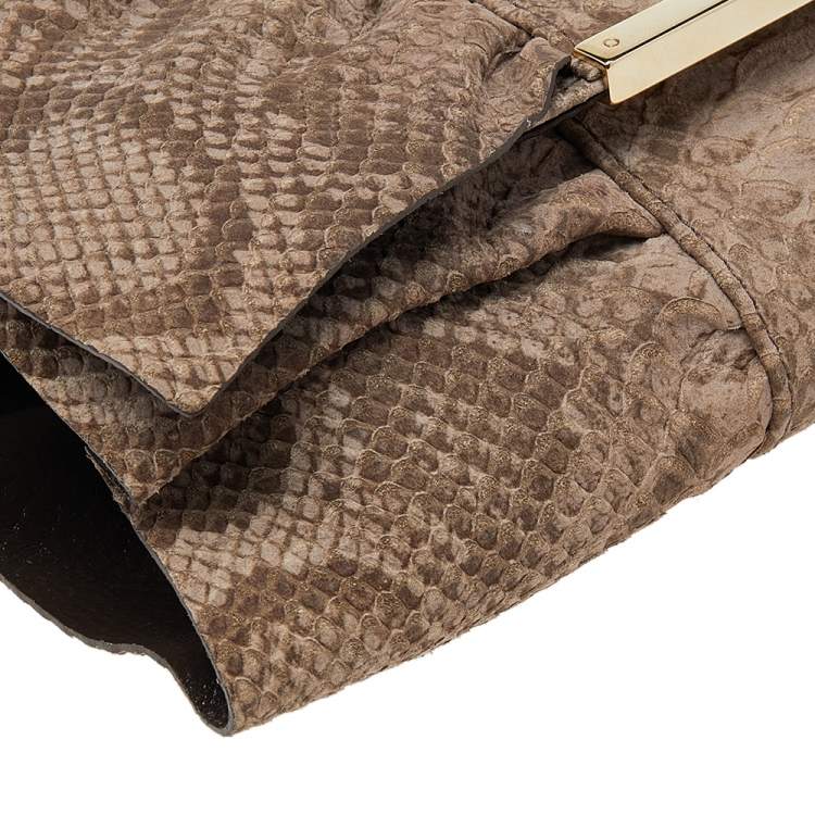 Pre Owned Furla Beige Python Embossed Leather Bow Flap Clutch