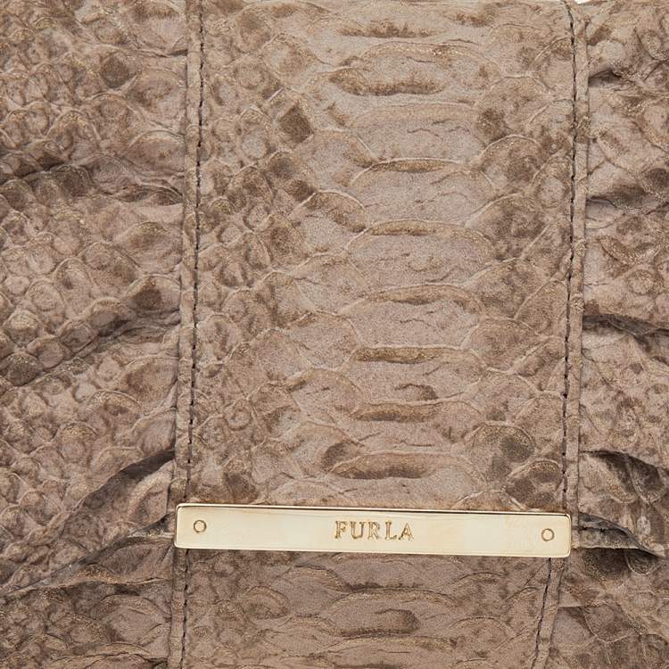 Pre Owned Furla Beige Python Embossed Leather Bow Flap Clutch
