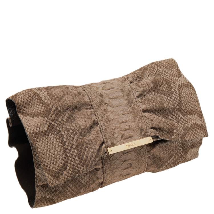 Pre Owned Furla Beige Python Embossed Leather Bow Flap Clutch