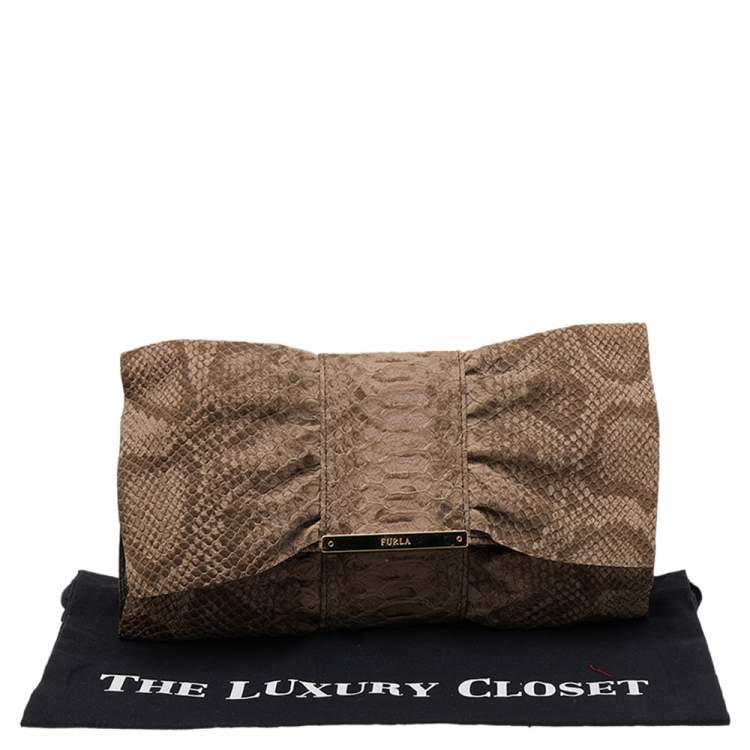 Pre Owned Furla Beige Python Embossed Leather Bow Flap Clutch