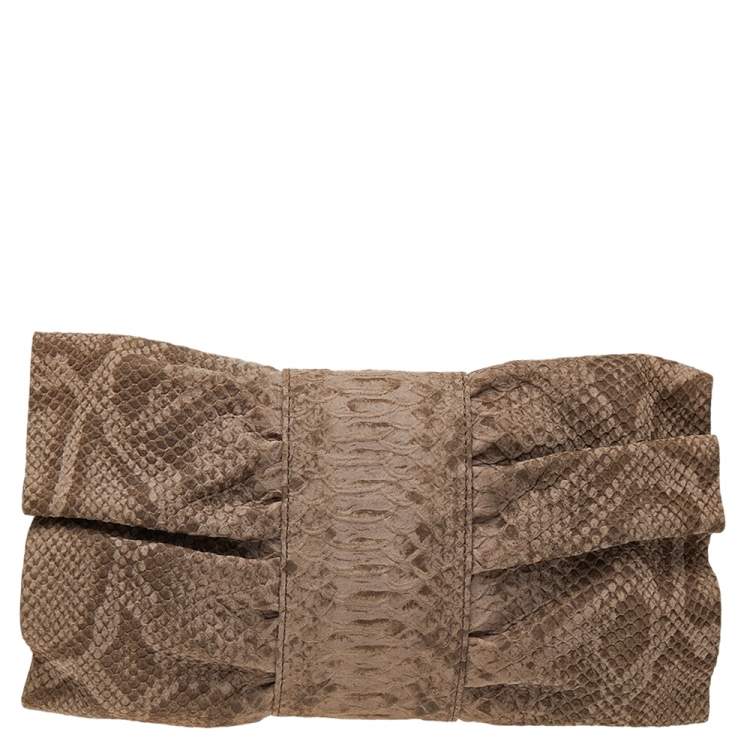 Pre Owned Furla Beige Python Embossed Leather Bow Flap Clutch