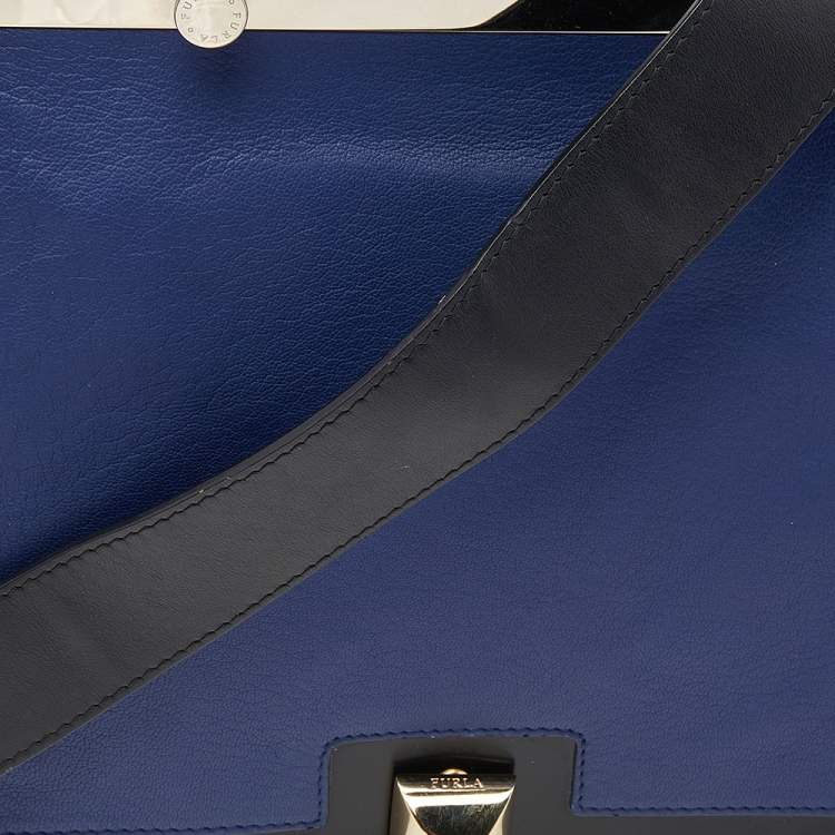 Pre Owned Furla Black/Blue Leather Cortina Top Handle Bag
