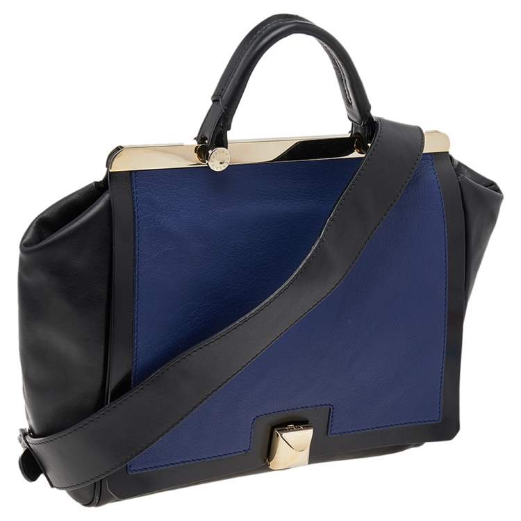 Pre Owned Furla Black/Blue Leather Cortina Top Handle Bag