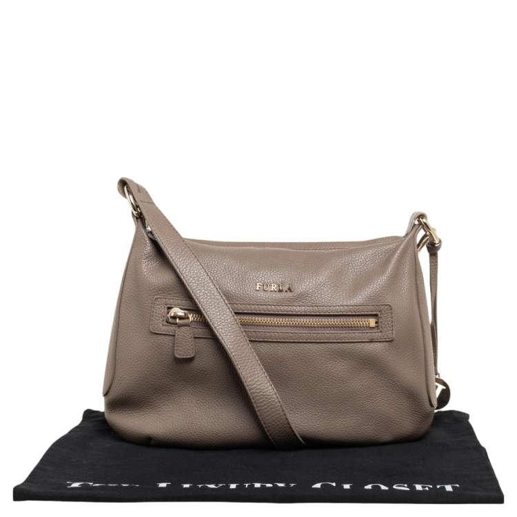 Pre Owned Furla Dark Beige Grained Leather Front Pocket Crossbody Bag