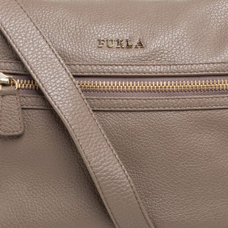 Pre Owned Furla Dark Beige Grained Leather Front Pocket Crossbody Bag