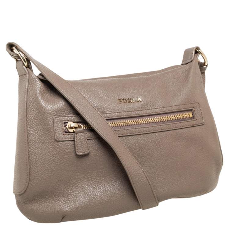 Pre Owned Furla Dark Beige Grained Leather Front Pocket Crossbody Bag