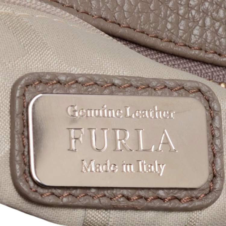 Pre Owned Furla Dark Beige Grained Leather Front Pocket Crossbody Bag