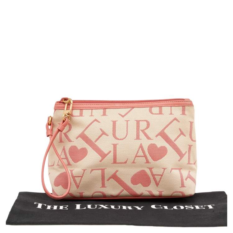 Pre Owned Furla Beige/Pink Signature Canvas Wristlet Clutch