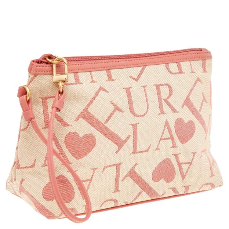Pre Owned Furla Beige/Pink Signature Canvas Wristlet Clutch