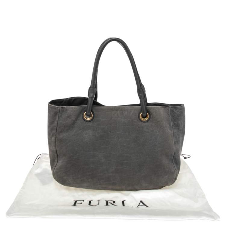Pre Owned Furla Grey Croc Embossed Leather Open Tote 
