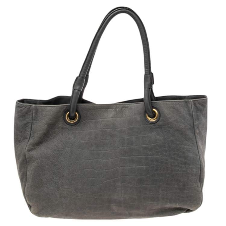 Pre Owned Furla Grey Croc Embossed Leather Open Tote 