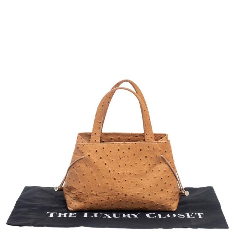 Pre Owned Furla Tan Ostrich Embossed Leather Satchel