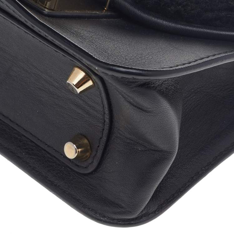 Pre Owned Furla Black Leather And Faux Fur Mini Metropolis Chain Crossbody Bag