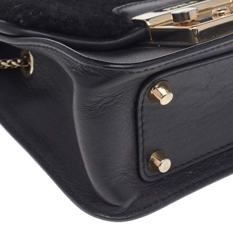 Pre Owned Furla Black Leather And Faux Fur Mini Metropolis Chain Crossbody Bag
