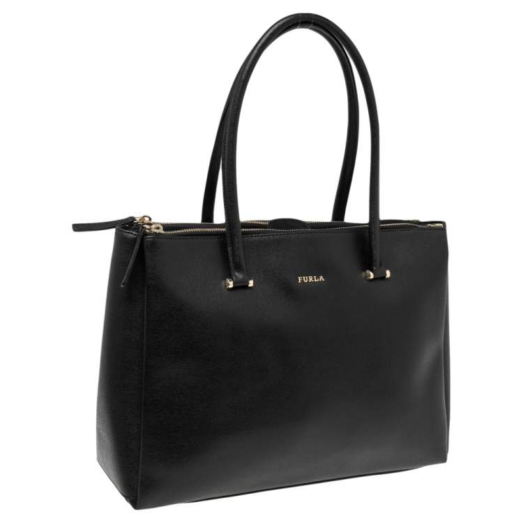 Pre Owned Furla Black Leather Large Lotus Carry All Tote