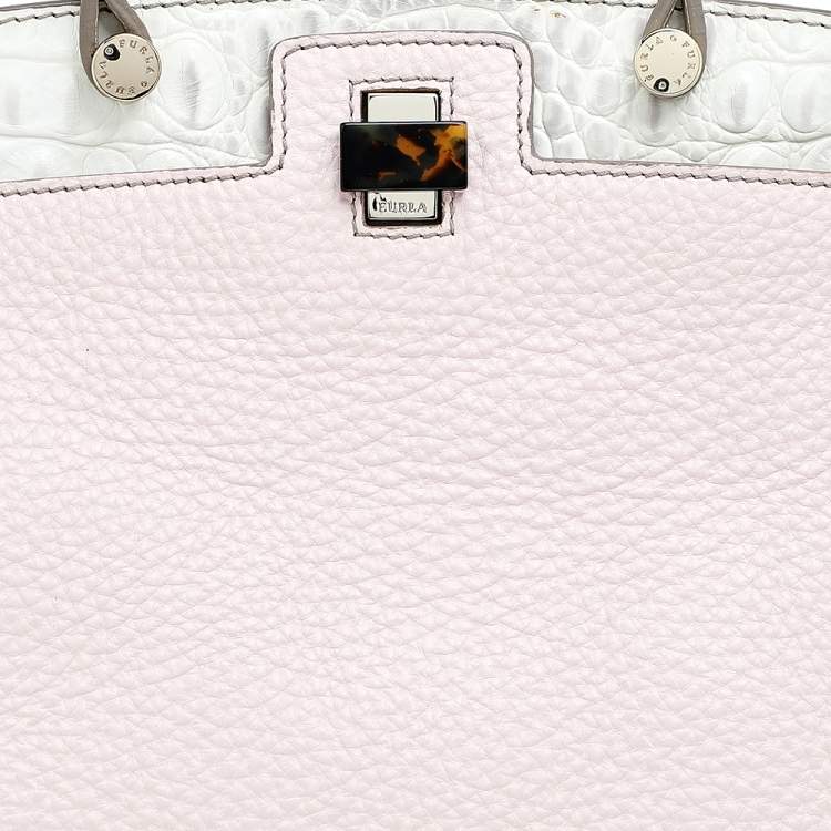 Pre Owned Furla Pink/White Leather Piper Cartella Top Handle Bag