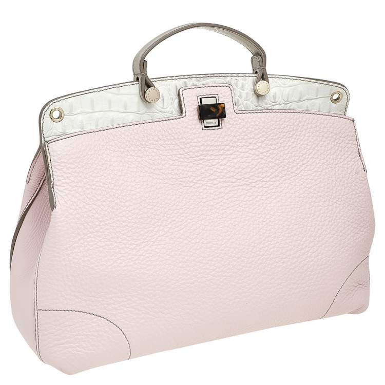 Pre Owned Furla Pink/White Leather Piper Cartella Top Handle Bag