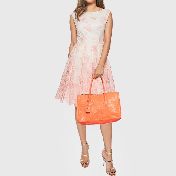 مملوكة مسبقًا Furla Neon Orange Croc Embossed Leather Tote