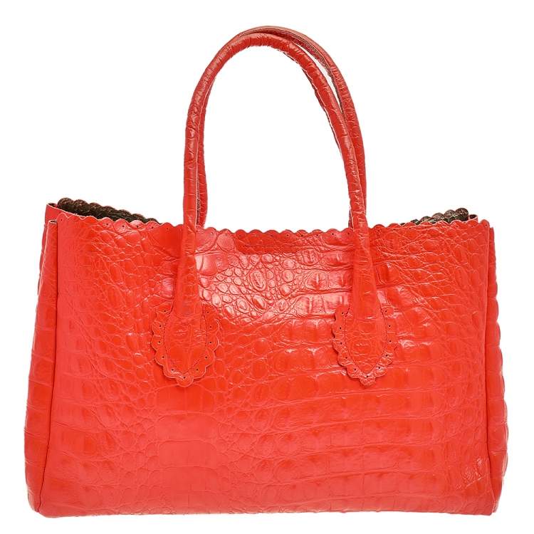 مملوكة مسبقًا Furla Neon Orange Croc Embossed Leather Tote