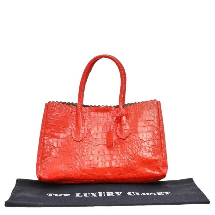 مملوكة مسبقًا Furla Neon Orange Croc Embossed Leather Tote