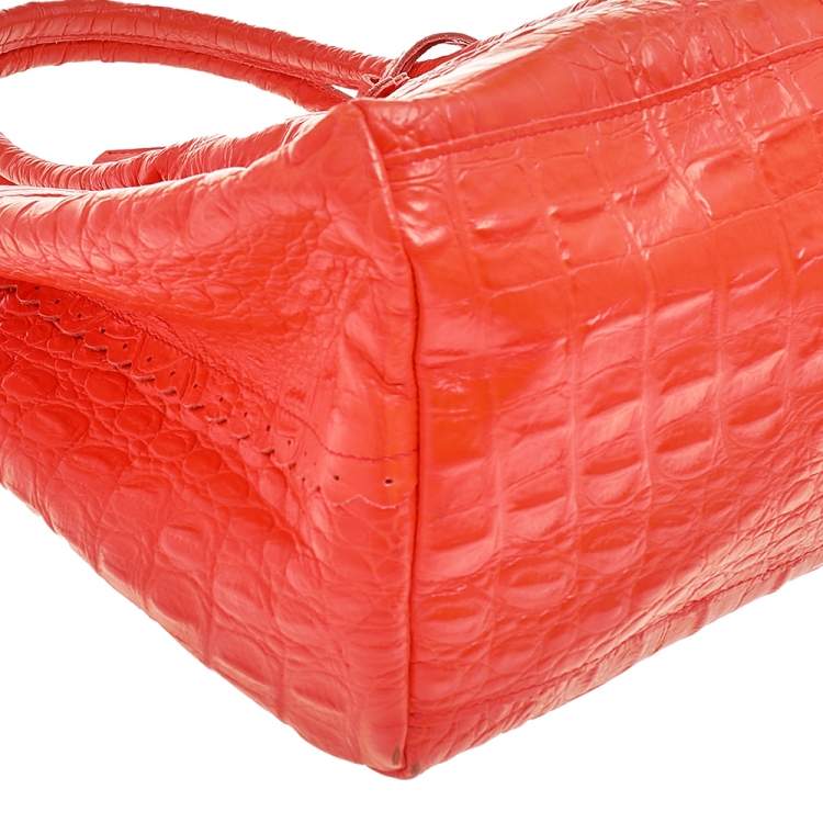 مملوكة مسبقًا Furla Neon Orange Croc Embossed Leather Tote