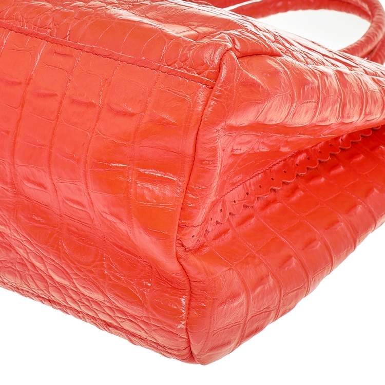 مملوكة مسبقًا Furla Neon Orange Croc Embossed Leather Tote