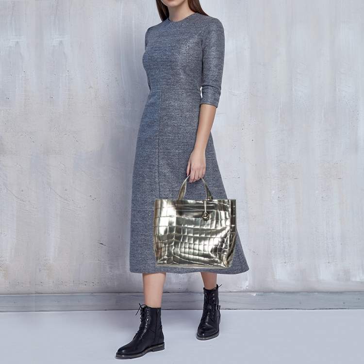مملوكة مسبقًا Furla Metallic Silver Croc Embossed Leather Devide It Tote