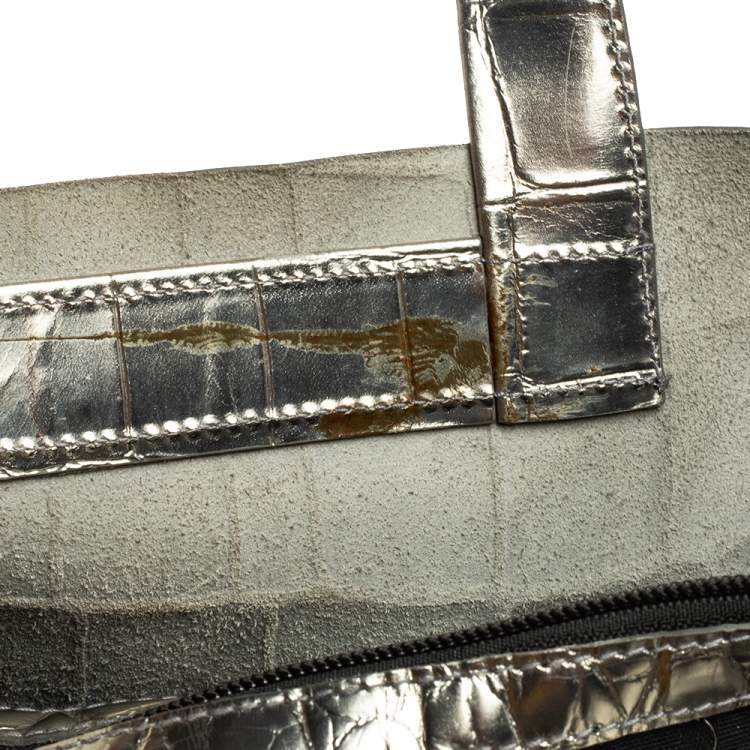 مملوكة مسبقًا Furla Metallic Silver Croc Embossed Leather Devide It Tote