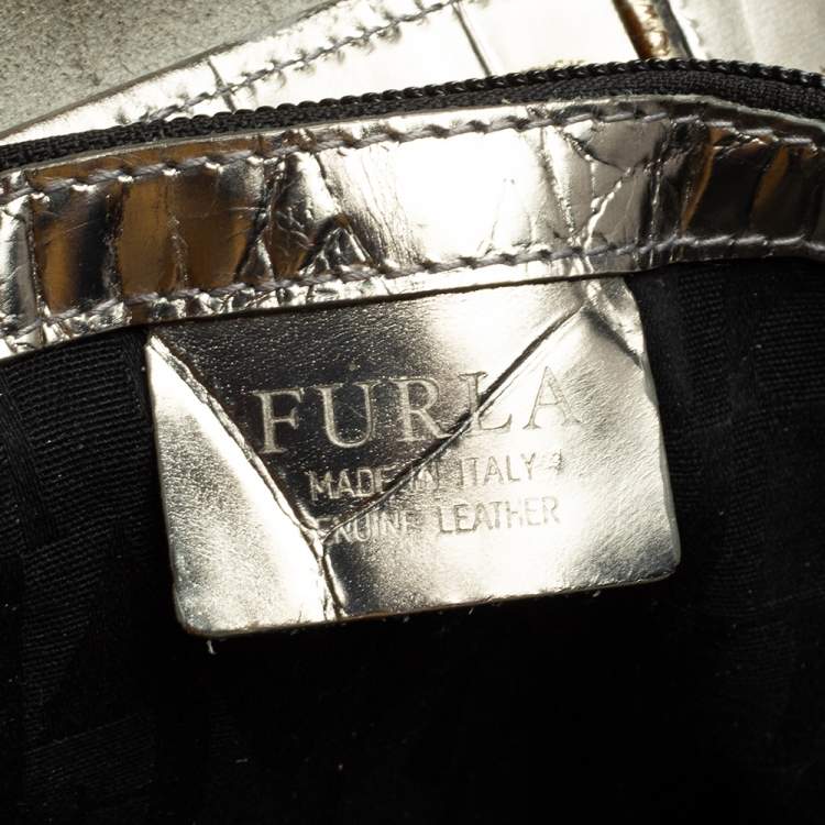 مملوكة مسبقًا Furla Metallic Silver Croc Embossed Leather Devide It Tote